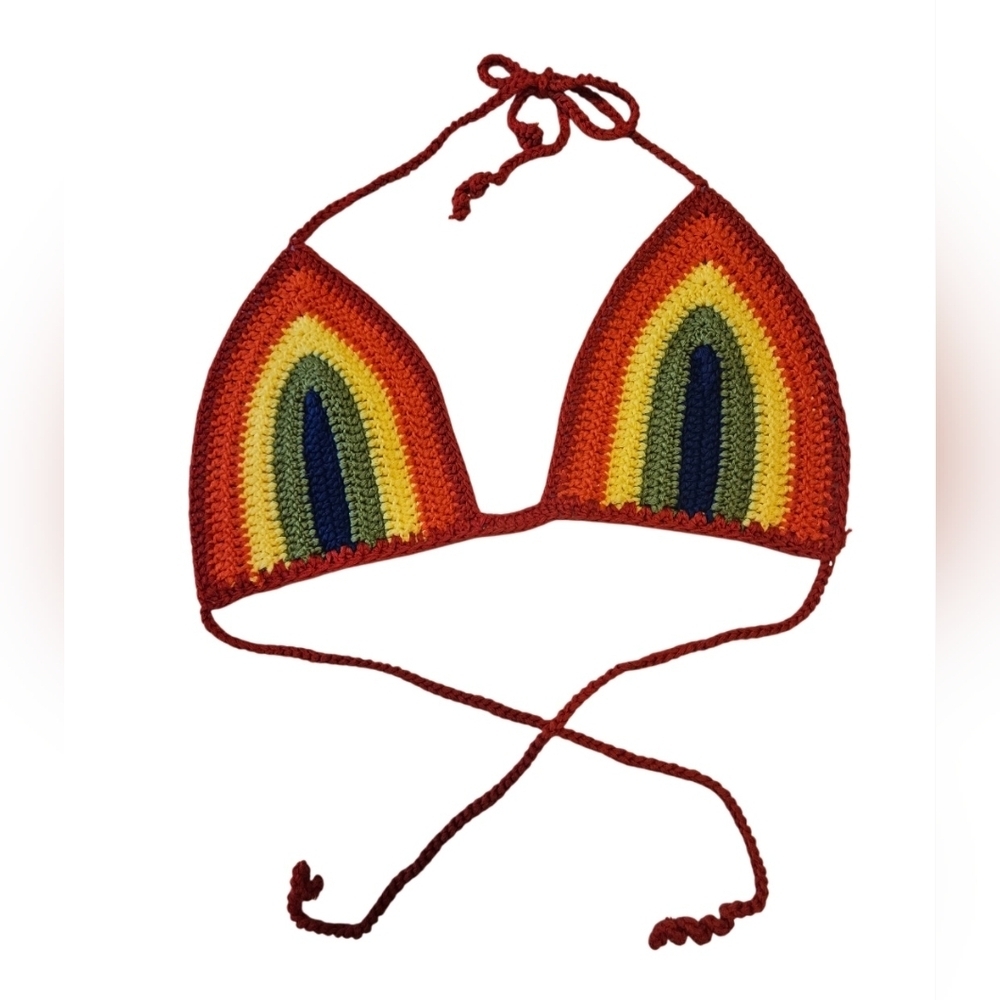 Handmade Crochet Crop-Top Rainbow Colors Deep V Swimming Cover-up top Colorful - Picture 6 of 17